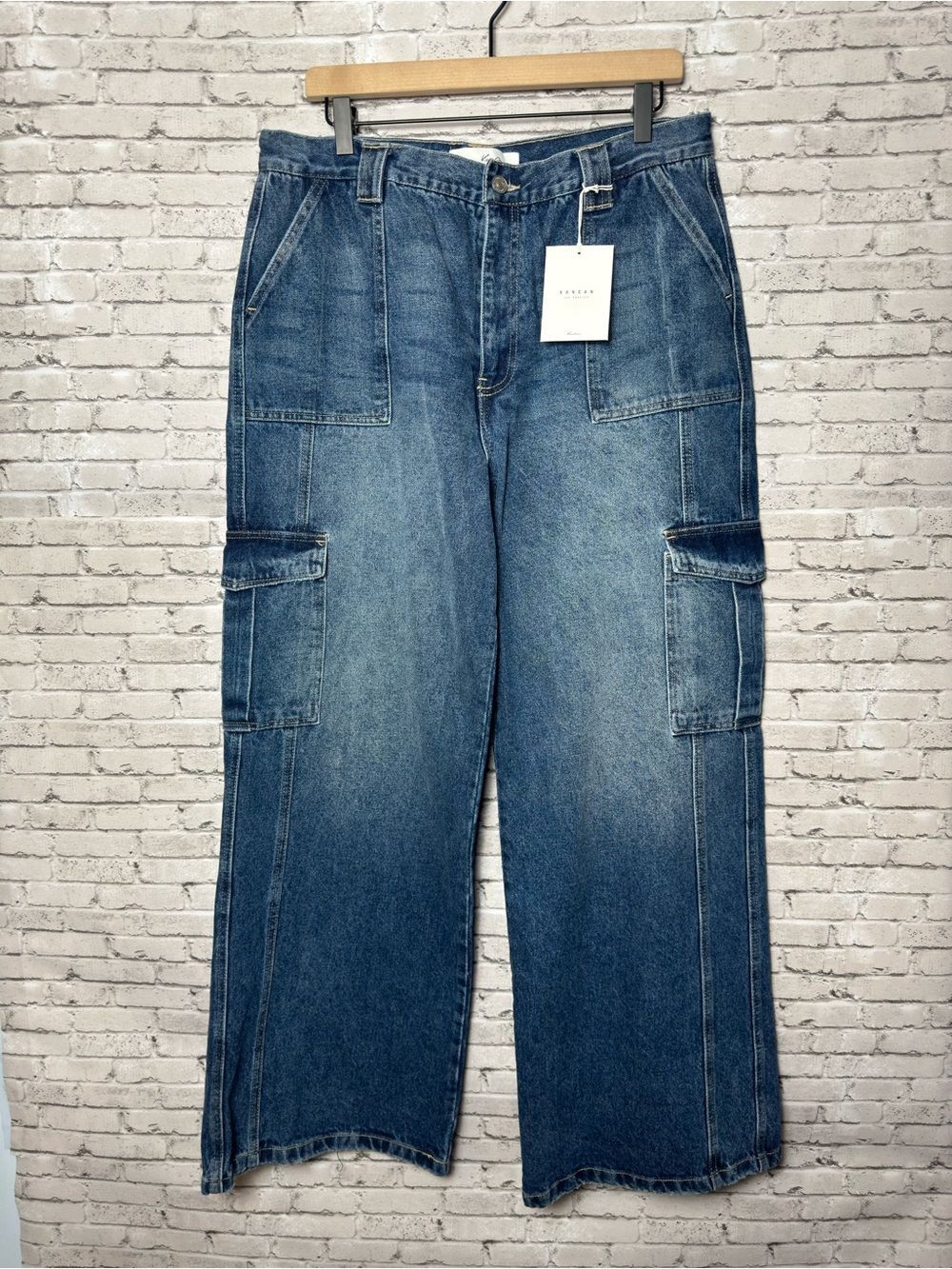 KanCan High Rise Cargo Utility Medium Wash Cotton Wide Leg Skater Fit Jeans NWT